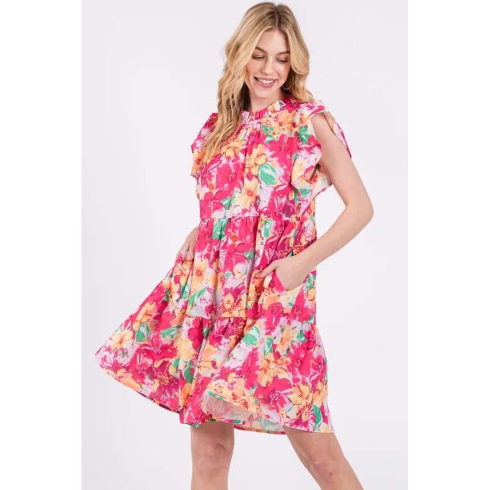 Jodifl Womens Pink Orange Floral Tiered Babydoll Ruffle Neck Dress with Pockets